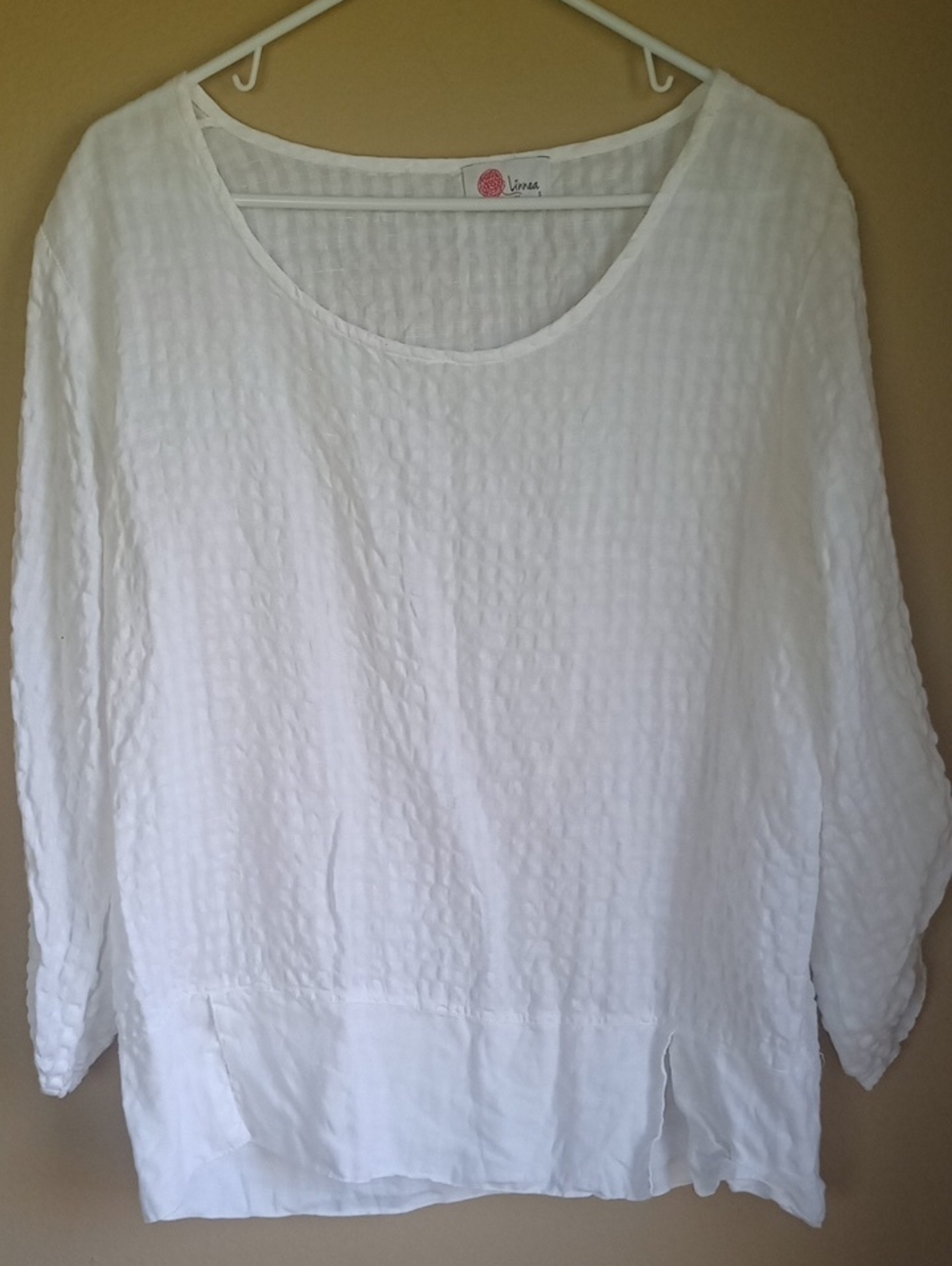 Linnea Waffle Knit Linen Blend White Casual  Lagenlook Style Summer Top Size S